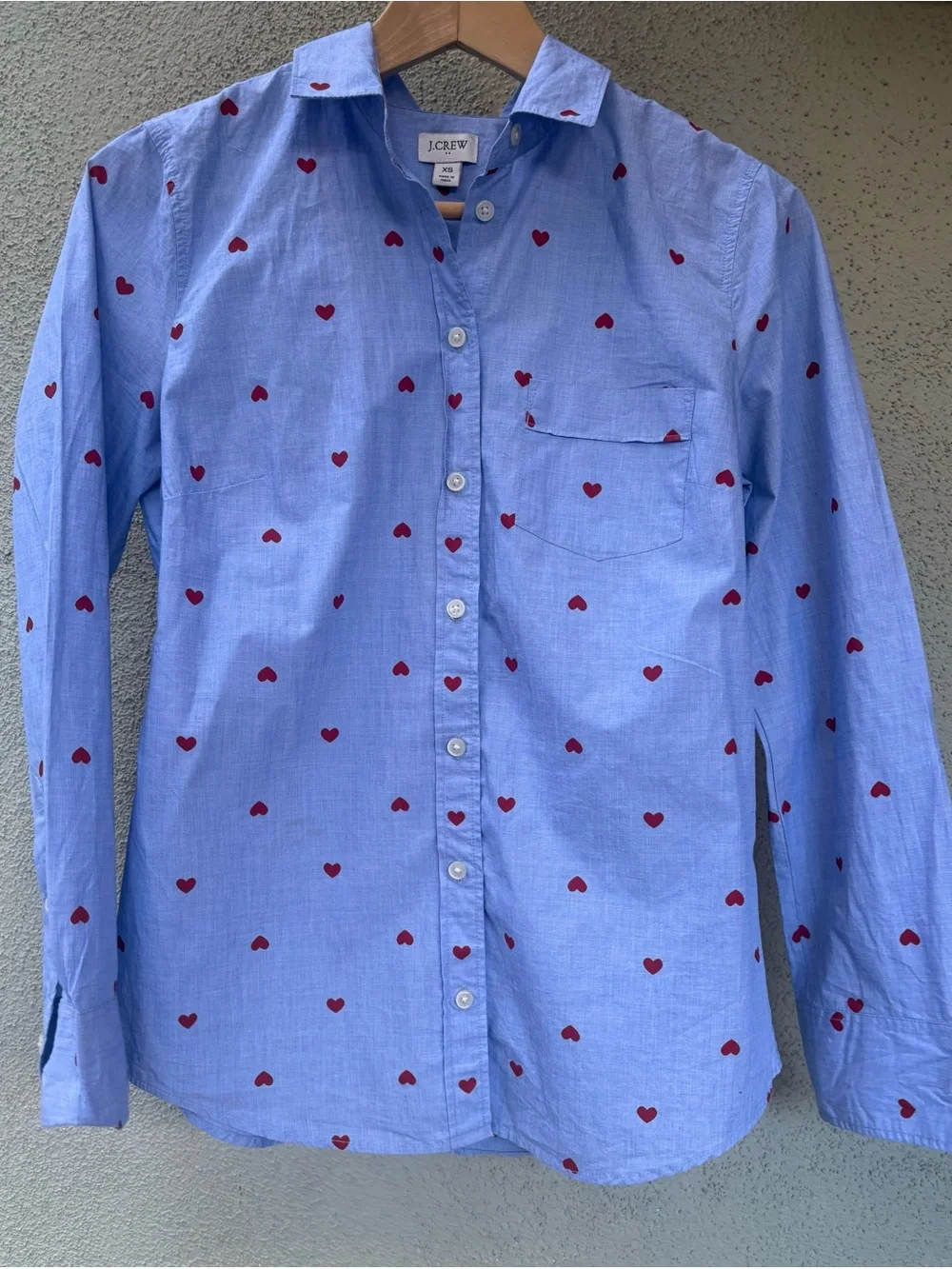 J. Crew Light Blue Heart Print Button-Down Shirt Women’s Size XS NWOT Date Night